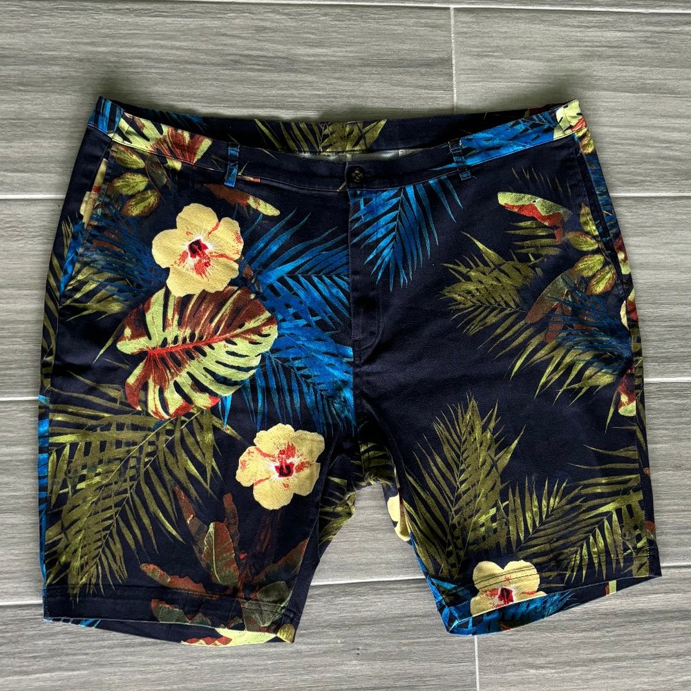PAISLEY & GRAY Floral Shorts Men's 42W Slim Fit Navy Blue Yellow Flowers Cruise